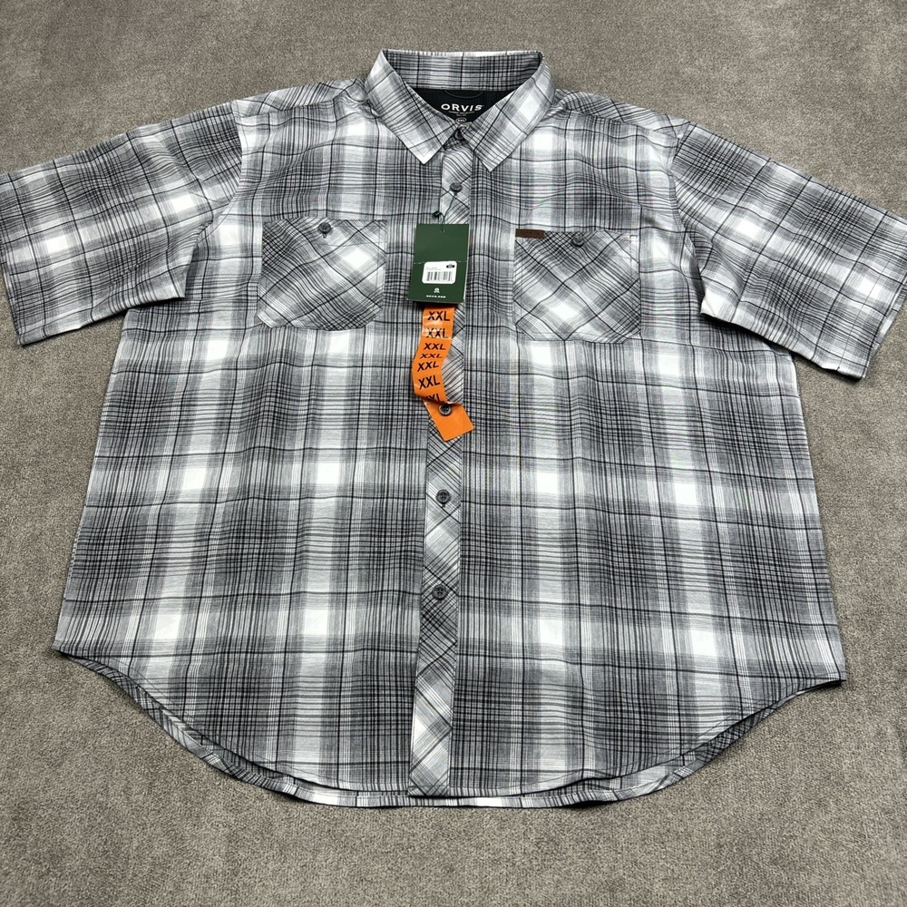 NEW Orvis Short Sleeve Tech Shirt Mens 2XL Gray Plaid Button Up UPF 30 Stretch - Picture 2 of 9